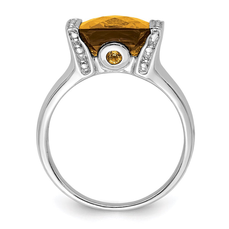 Sterling Silver Rhodium Checker-Cut Whiskey Quartz & Diamond Ring