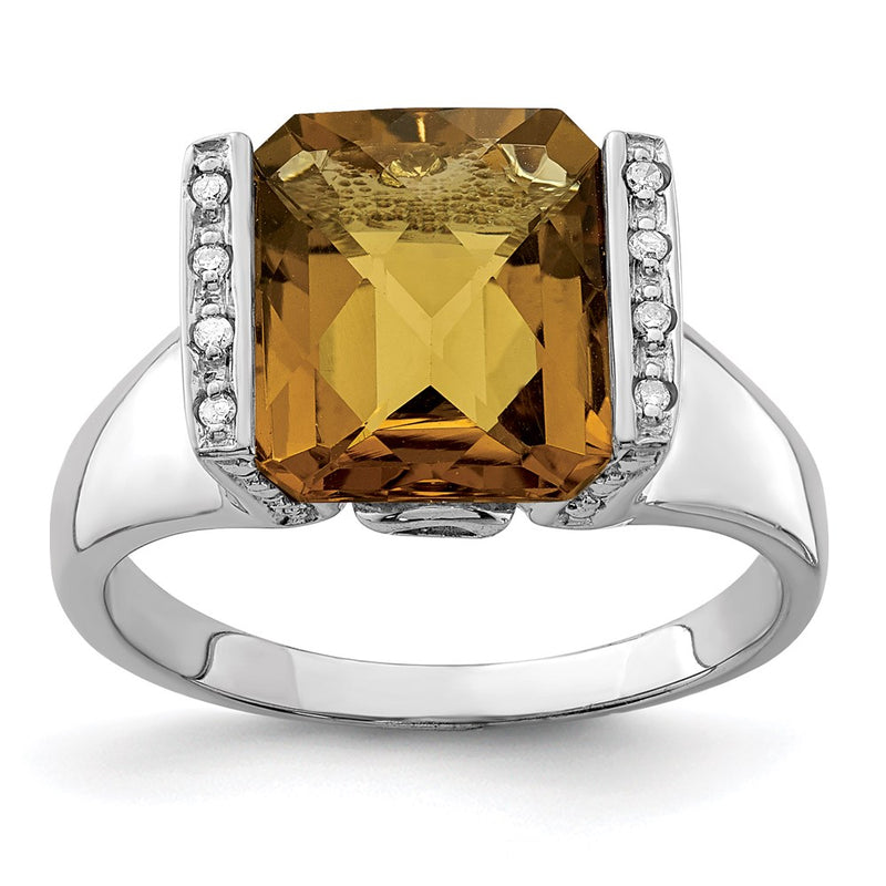 Sterling Silver Rhodium Checker-Cut Whiskey Quartz & Diamond Ring