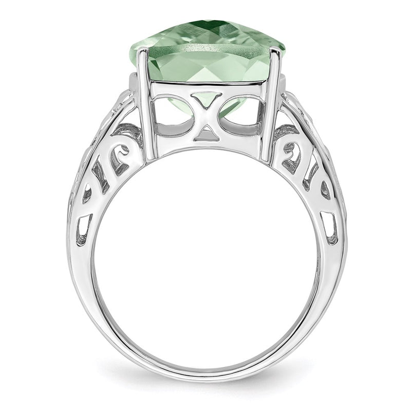 Sterling Silver Rhodium Checker-Cut Green Quartz Ring