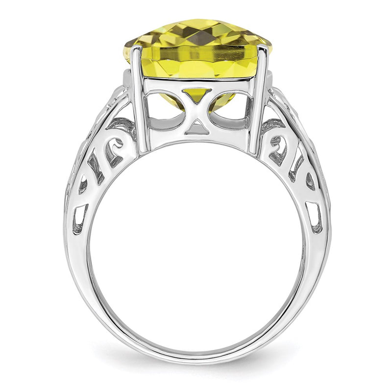 Sterling Silver Rhodium Checker-Cut Lemon Quartz Ring
