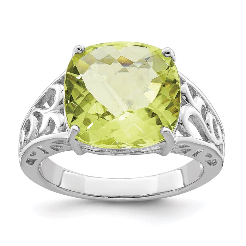 Sterling Silver Rhodium Checker-Cut Lemon Quartz Ring