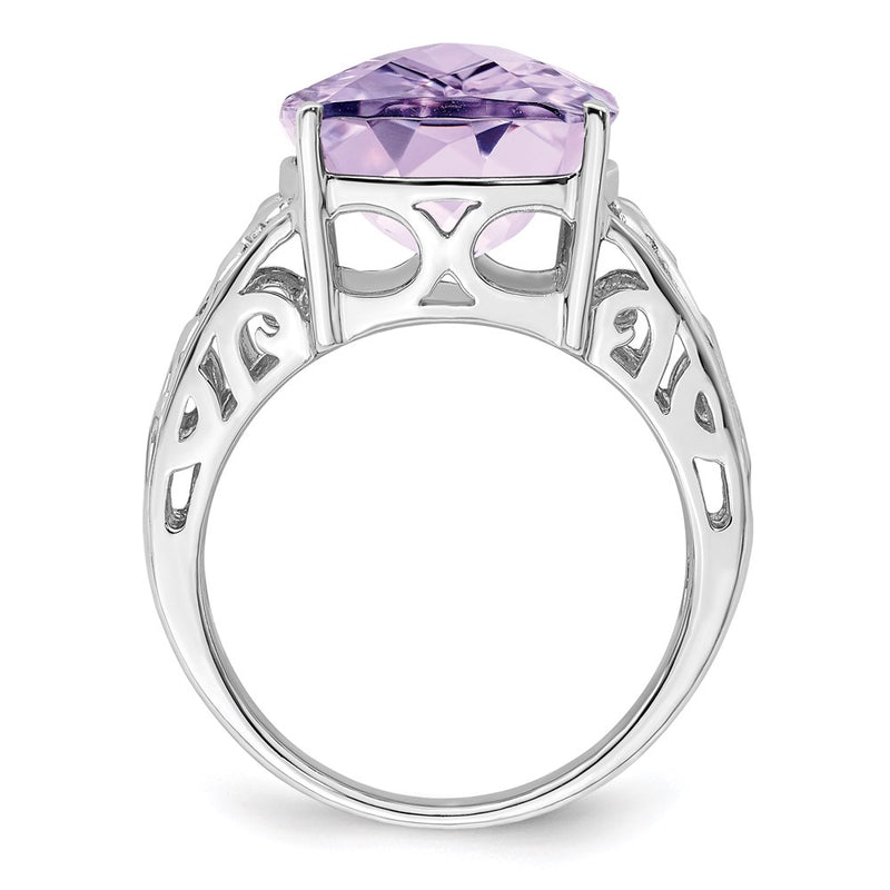 Sterling Silver Rhodium Checker-Cut Pink Quartz Ring