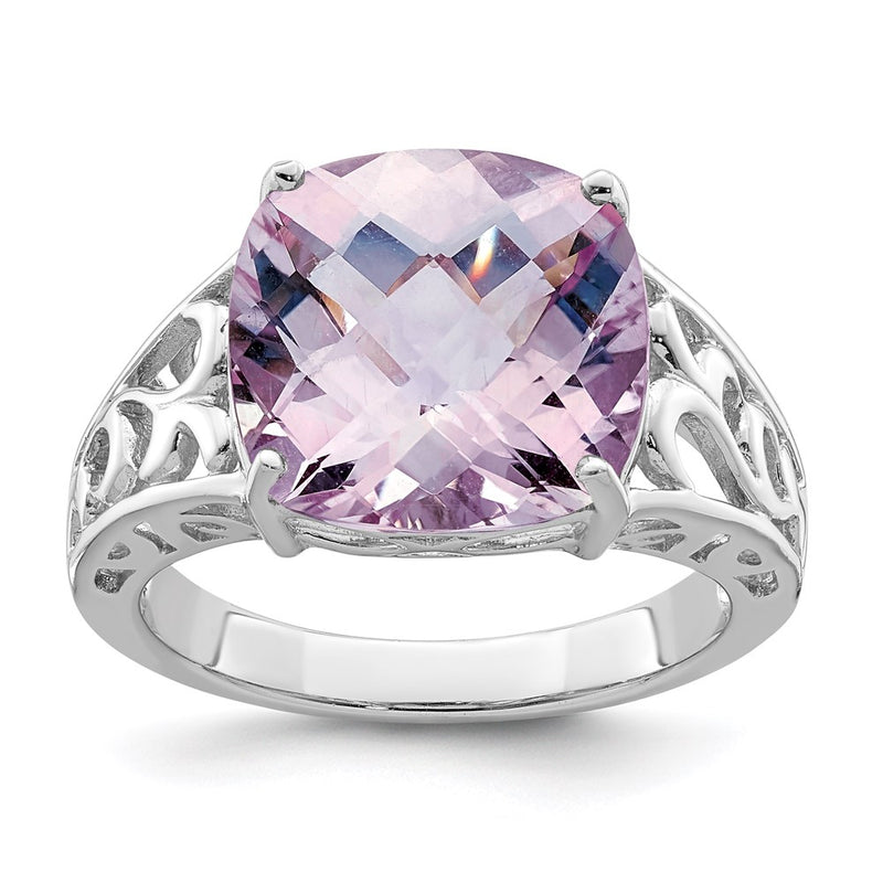 Sterling Silver Rhodium Checker-Cut Pink Quartz Ring