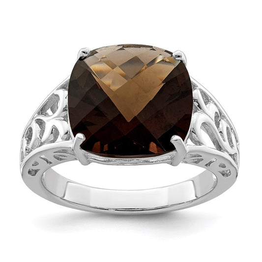 Sterling Silver Rhodium Checker-Cut Smoky Quartz Gemstone Birthstone Ring Fine Jewelry Gift for Her
