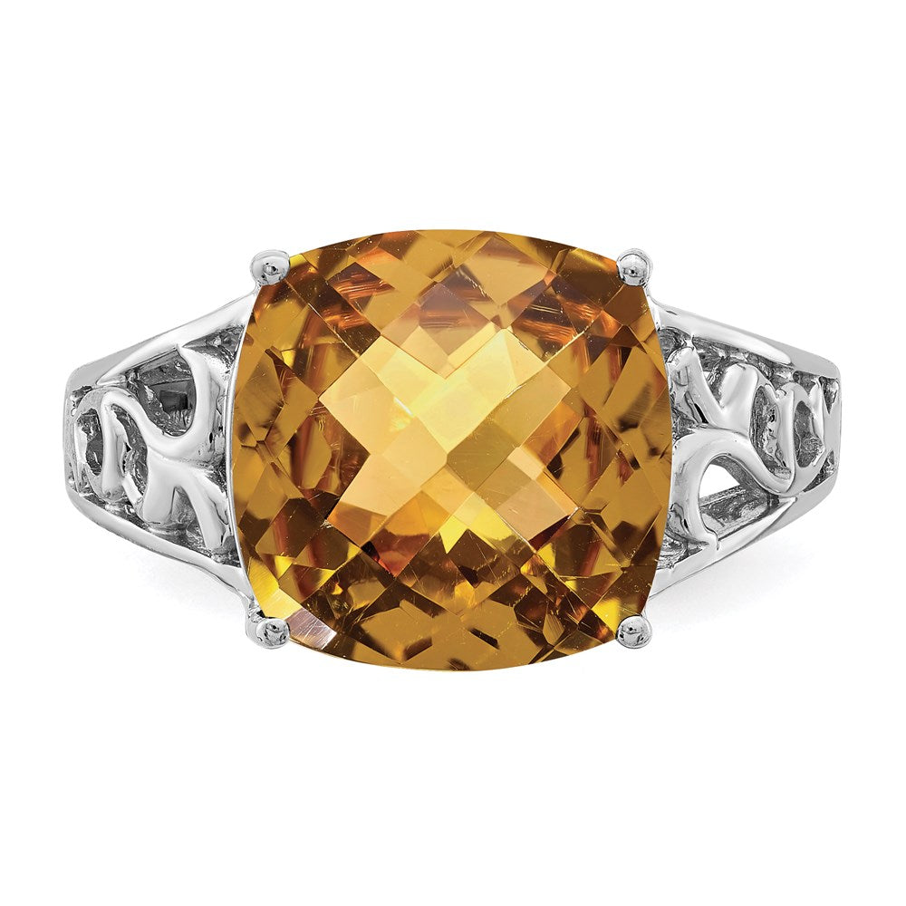 Sterling Silver Rhodium Checker-Cut Whiskey Quartz Gemstone Birthstone Ring Fine Jewelry Gift for Her