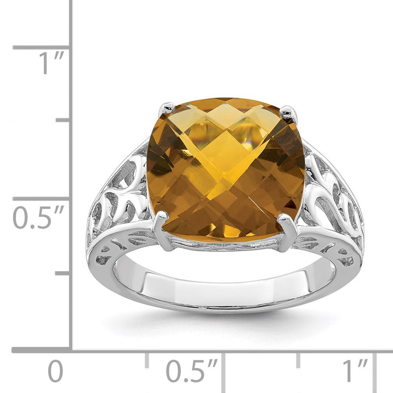 Sterling Silver Rhodium Checker-Cut Whiskey Quartz Ring