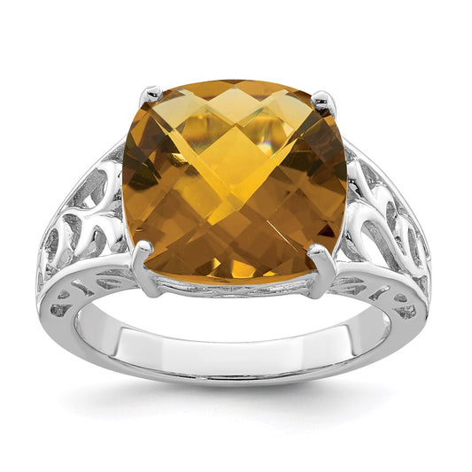Sterling Silver Rhodium Checker-Cut Whiskey Quartz Gemstone Birthstone Ring Fine Jewelry Gift for Her