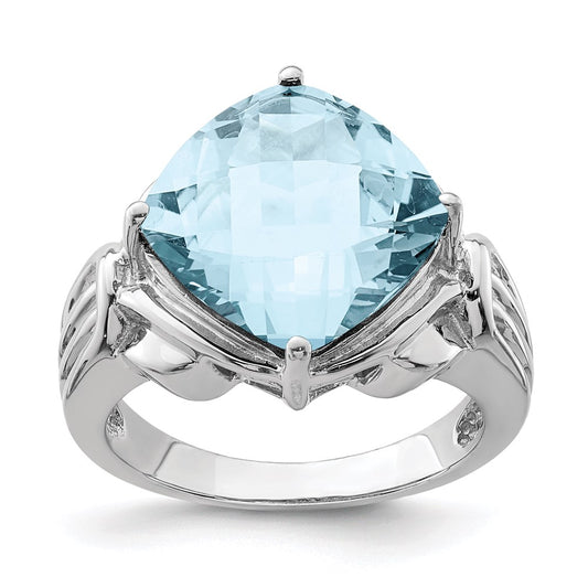 Sterling Silver Rhodium Checker-Cut Sky Blue Topaz Ring