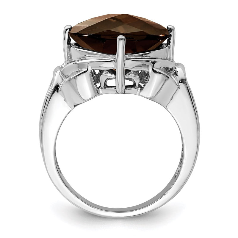 Sterling Silver Rhodium Checker-Cut Smoky Quartz Ring