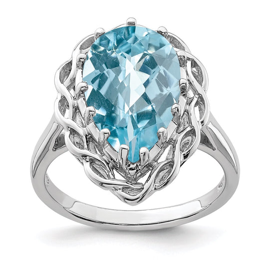Sterling Silver Rhodium Checker-Cut Sky Blue Topaz Ring