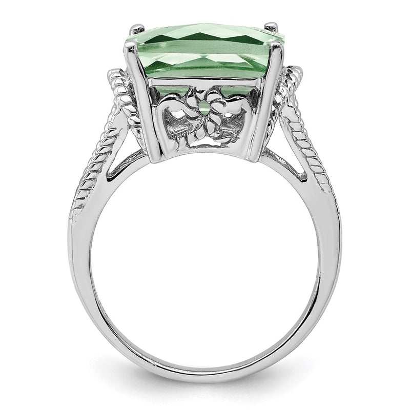 Sterling Silver Rhodium Checker-Cut Green Quartz Ring