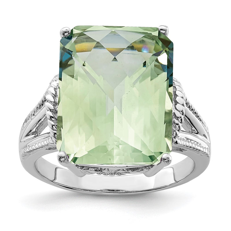 Sterling Silver Rhodium Checker-Cut Green Quartz Ring