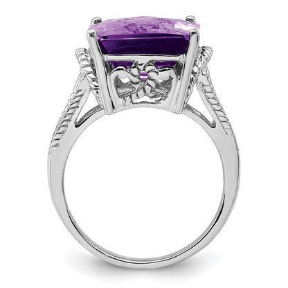 Sterling Silver Rhodium-plated Checker-Cut Amethyst Ring