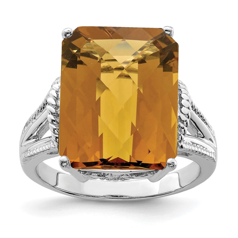 Sterling Silver Rhodium Checker-Cut Whiskey Quartz Ring