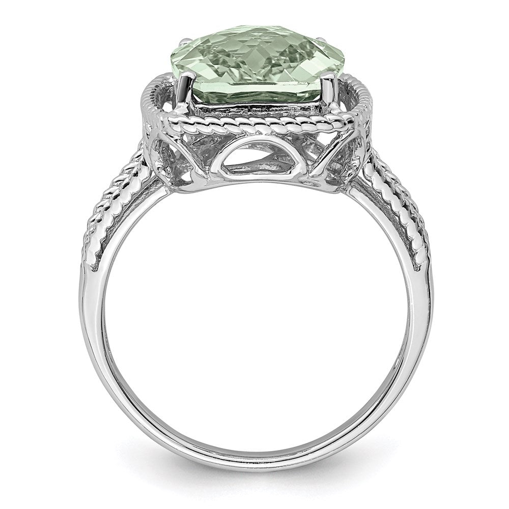 Sterling Silver Rhodium Checker-Cut Green Quartz Gemstone Birthstone Ring Fine Jewelry Gift for Her