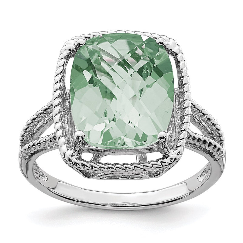 Sterling Silver Rhodium Checker-Cut Green Quartz Ring