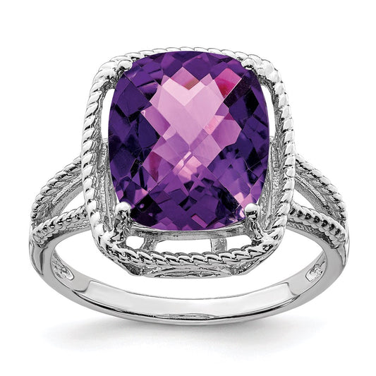 Sterling Silver Rhodium-plated Checker-Cut Amethyst Ring