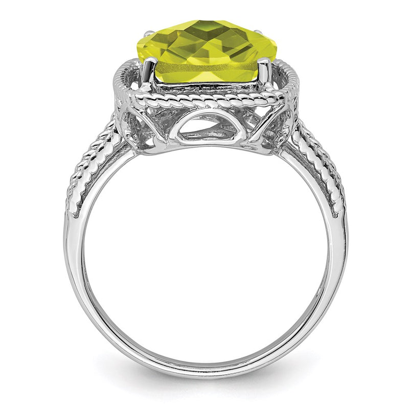 Sterling Silver Rhodium Checker-Cut Lemon Quartz Ring