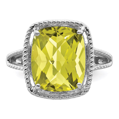 Sterling Silver Rhodium Checker-Cut Lemon Quartz Gemstone Birthstone Ring Fine Jewelry Gift for Her