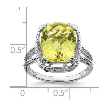 Sterling Silver Rhodium Checker-Cut Lemon Quartz Gemstone Birthstone Ring Fine Jewelry Gift for Her