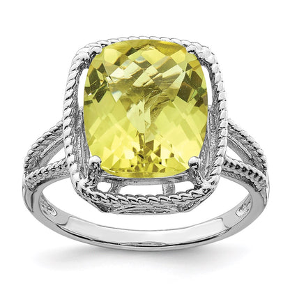 Sterling Silver Rhodium Checker-Cut Lemon Quartz Gemstone Birthstone Ring Fine Jewelry Gift for Her