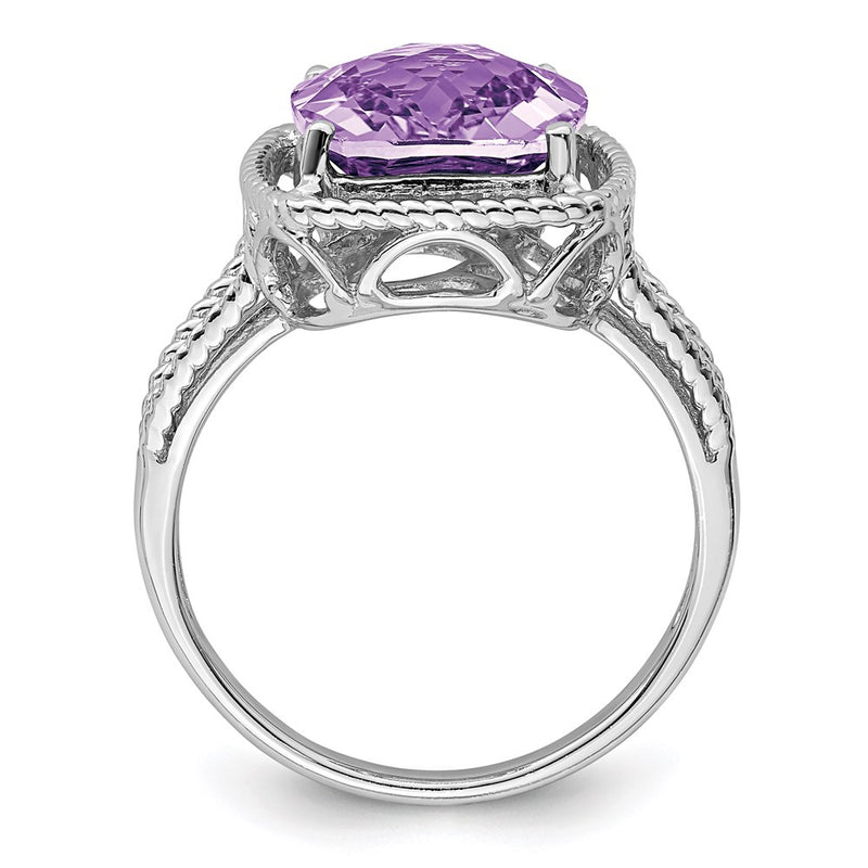 Sterling Silver Rhodium Checker-Cut Pink Quartz Ring