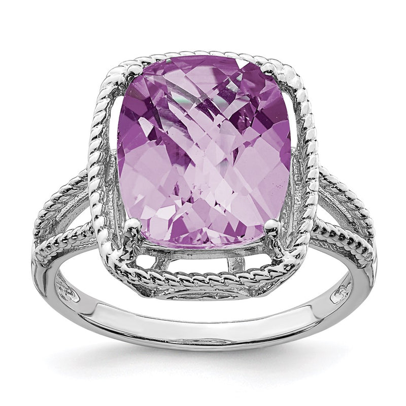 Sterling Silver Rhodium Checker-Cut Pink Quartz Ring