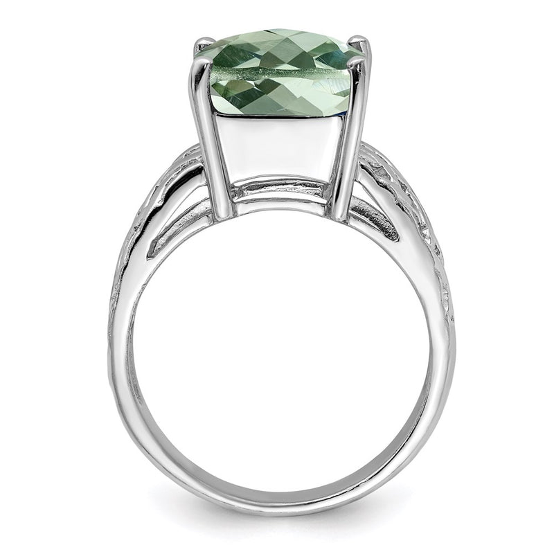 Sterling Silver Rhodium Checker-Cut Green Quartz Ring