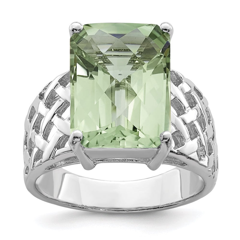 Sterling Silver Rhodium Checker-Cut Green Quartz Ring