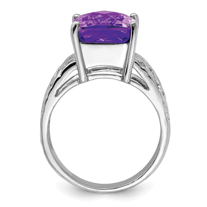 Sterling Silver Rhodium-plated Checker-Cut Amethyst Ring