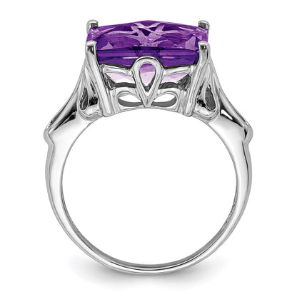 Sterling Silver Rhodium-plated Checker-Cut Amethyst Ring