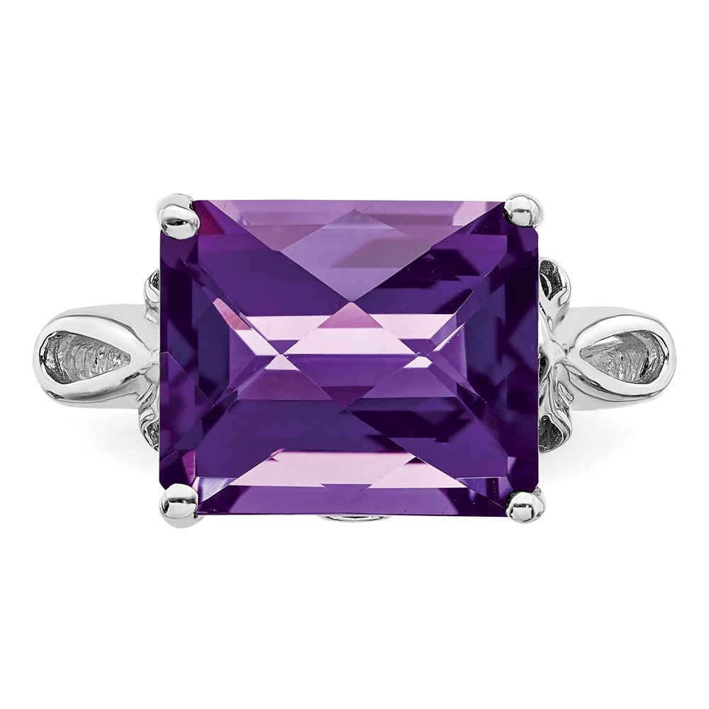 Sterling Silver Rhodium-plated Checker-Cut Amethyst Ring