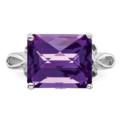Sterling Silver Rhodium-plated Checker-Cut Amethyst Ring