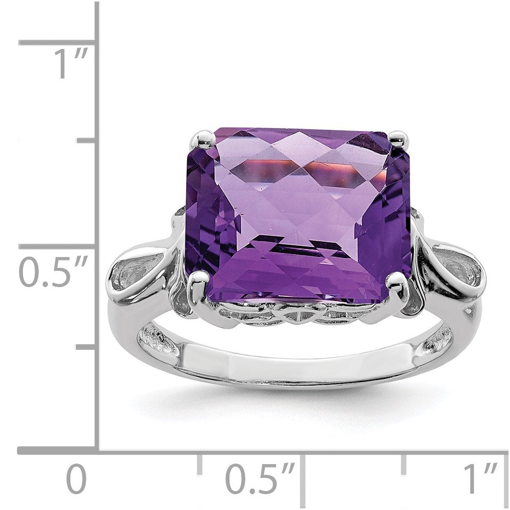Sterling Silver Rhodium-plated Checker-Cut Amethyst Ring