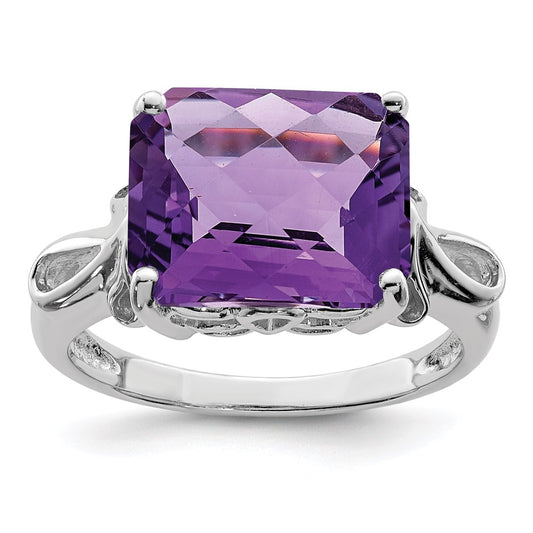 Sterling Silver Rhodium-plated Checker-Cut Amethyst Ring