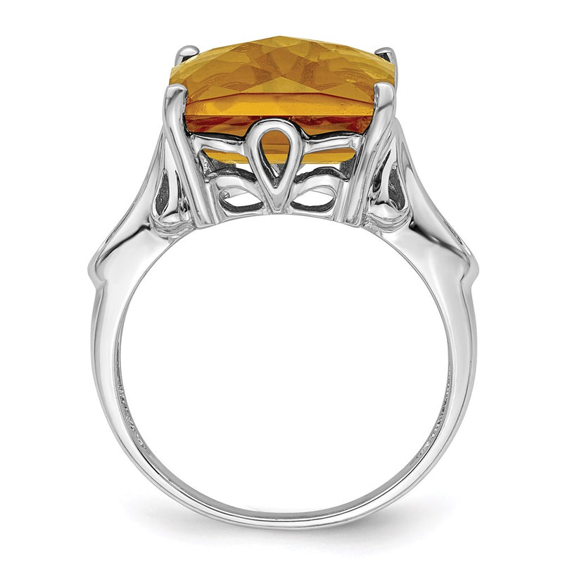 Sterling Silver Rhodium Checker-Cut Whiskey Quartz Ring