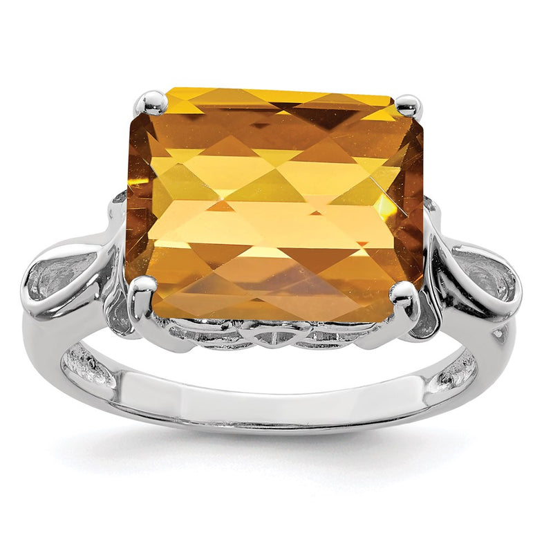 Sterling Silver Rhodium Checker-Cut Whiskey Quartz Ring