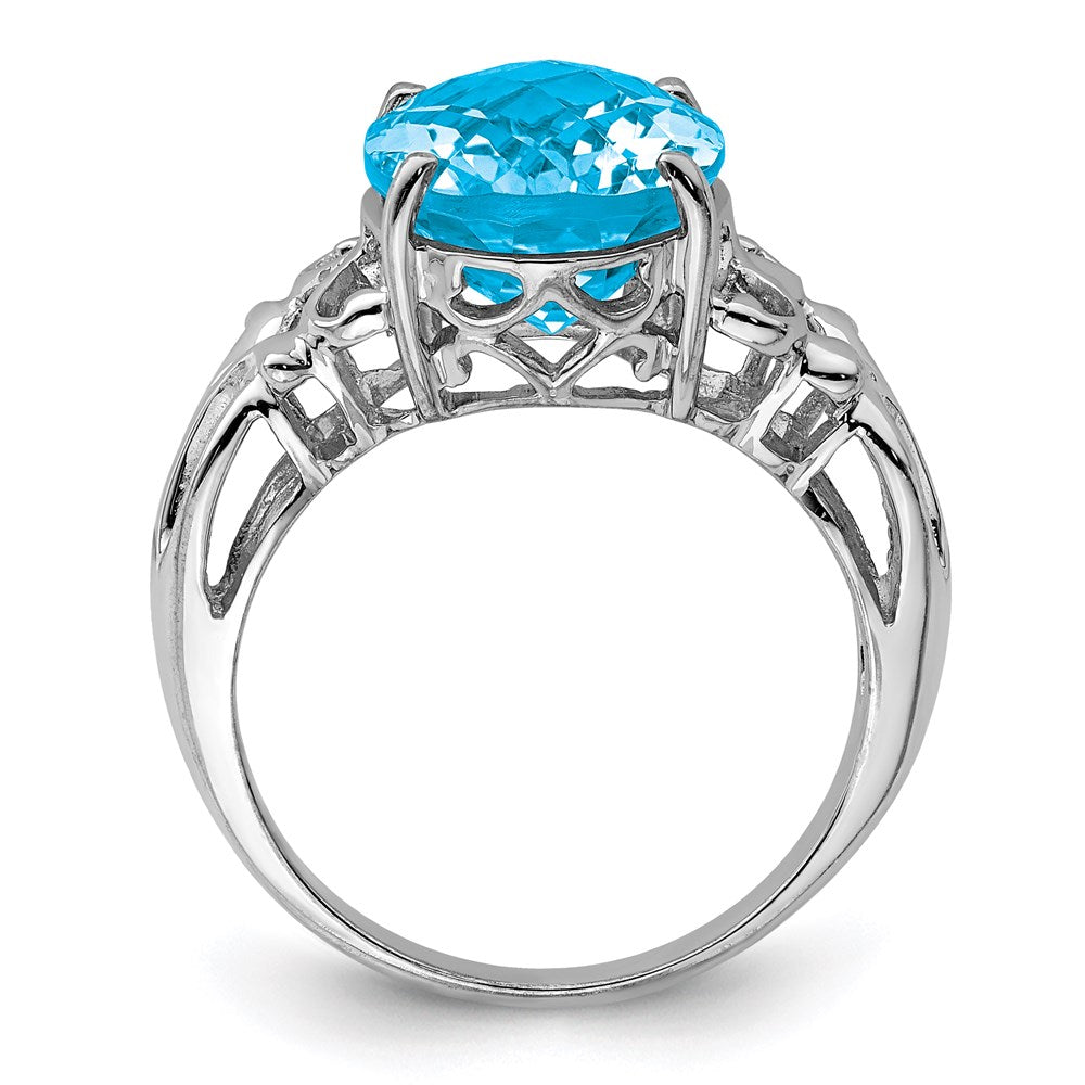 Sterling Silver Rhodium Oval Checker-Cut Blue Topaz Gemstone Birthstone Ring Fine Jewelry Gift for Her