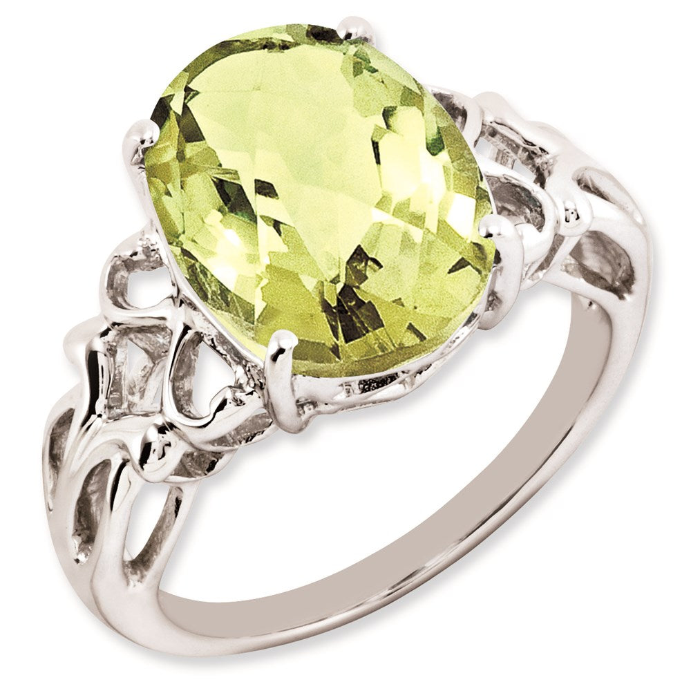 Sterling Silver 14K White Gold Plated Oval Checker-Cut Lemon Quartz Gemstone Birthstone Ring Fine Jewelry Gift for Her