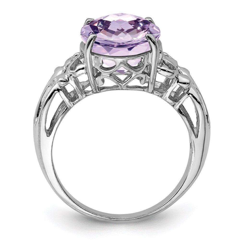 Sterling Silver Rhodium Oval Checker-Cut Pink Quartz Gemstone Birthstone Ring Fine Jewelry Gift for Her