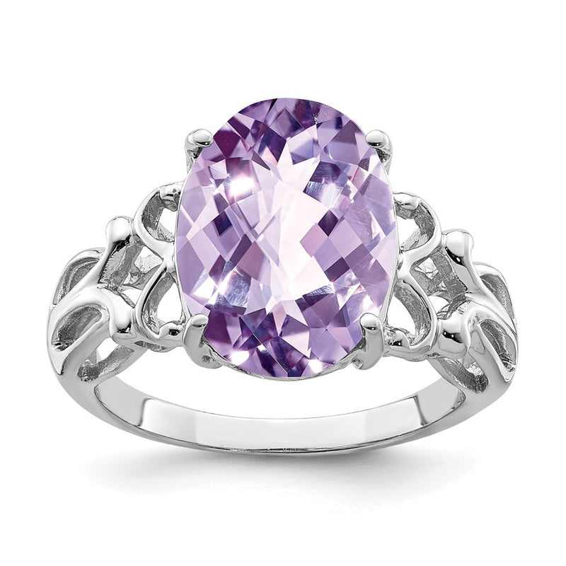 Sterling Silver Rhodium Checker-Cut Pink Quartz Ring
