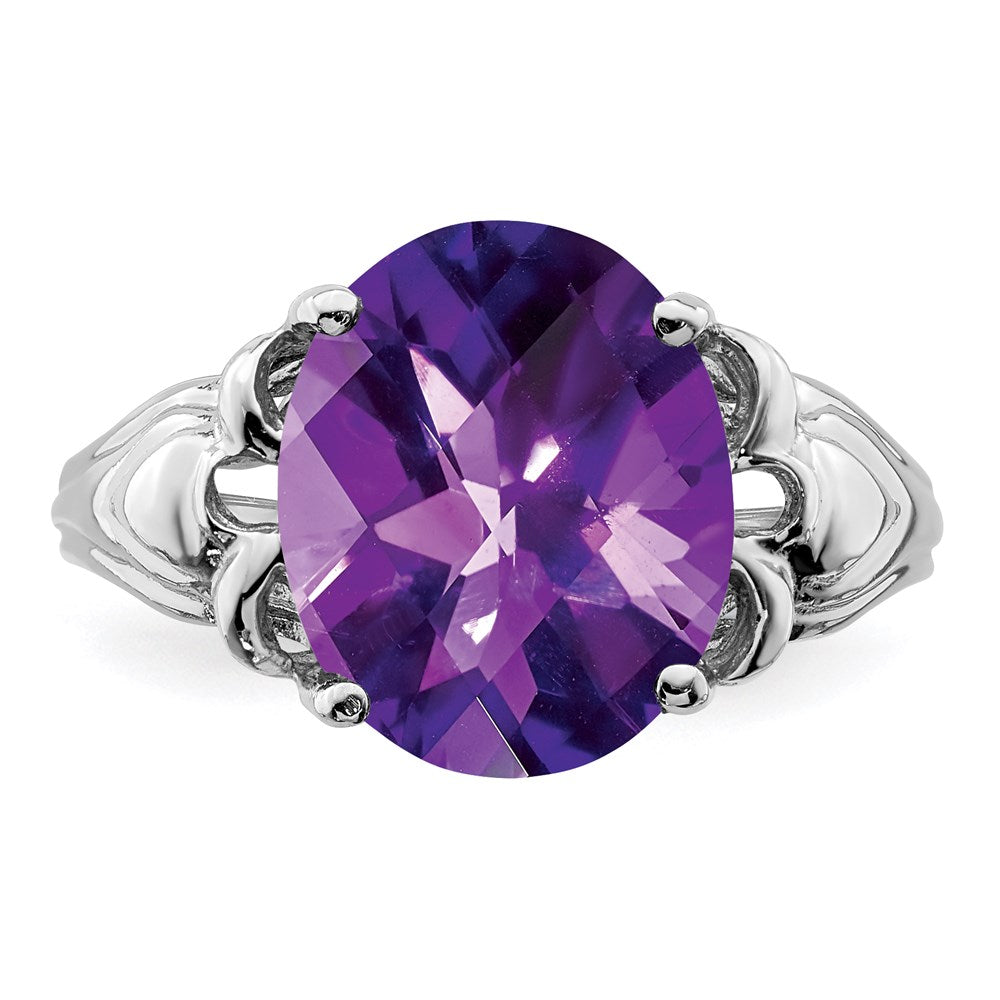Sterling Silver 14K White Gold Plated Oval Checker-Cut Amethyst Gemstone Birthstone Ring Fine Jewelry Gift for Her