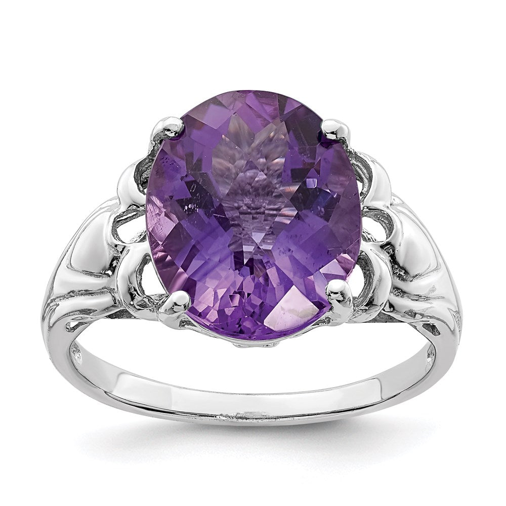Sterling Silver 14K White Gold Plated Oval Checker-Cut Amethyst Gemstone Birthstone Ring Fine Jewelry Gift for Her