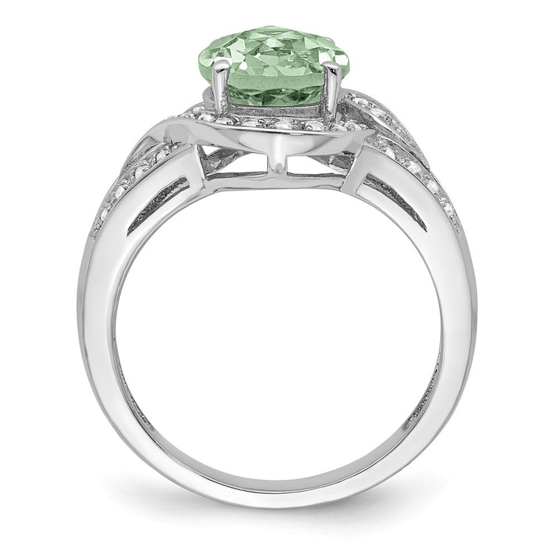 Sterling Silver Rhodium Diamond & Checker-Cut Green Quartz Ring