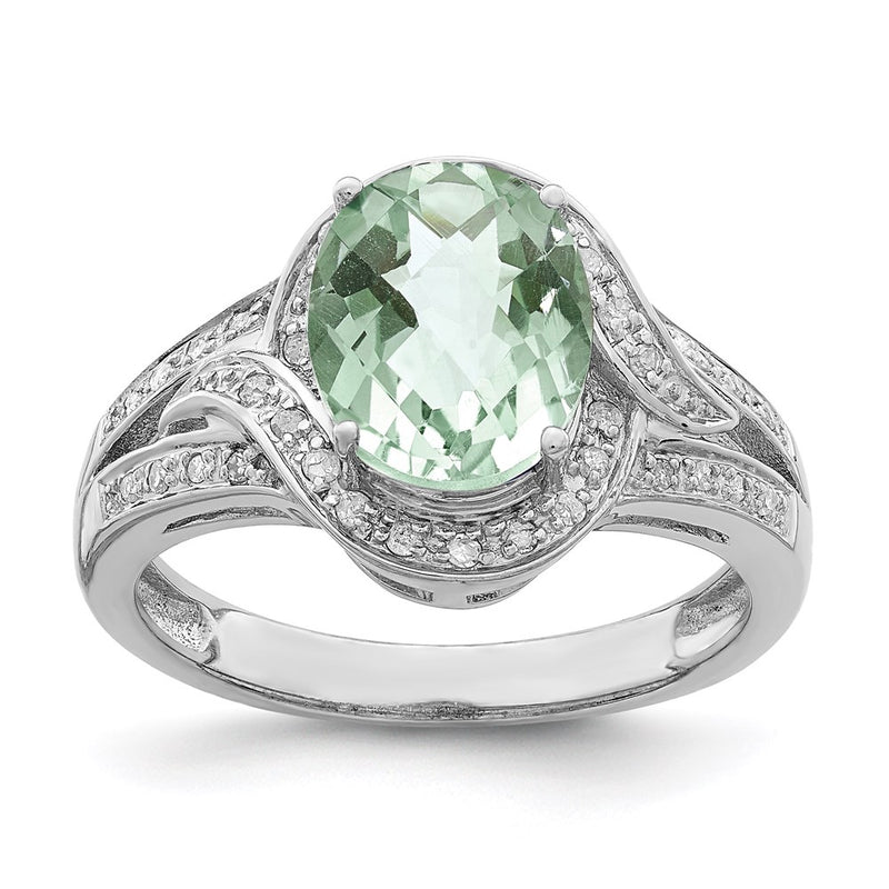 Sterling Silver Rhodium Diamond & Checker-Cut Green Quartz Ring