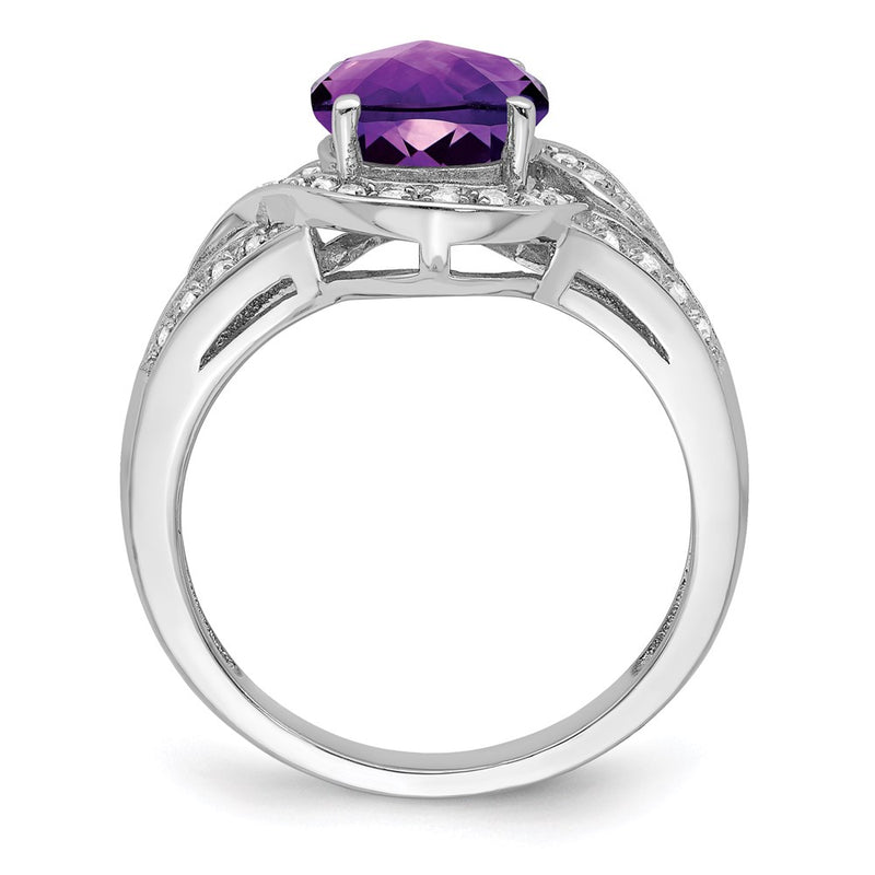 Sterling Silver Rhodium-plated Diamond & Checker-Cut Amethyst Ring