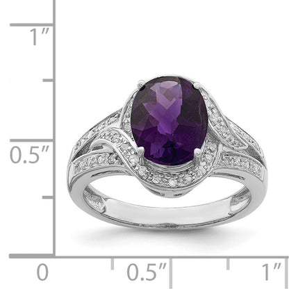 Sterling Silver Rhodium-plated Diamond & Checker-Cut Amethyst Ring