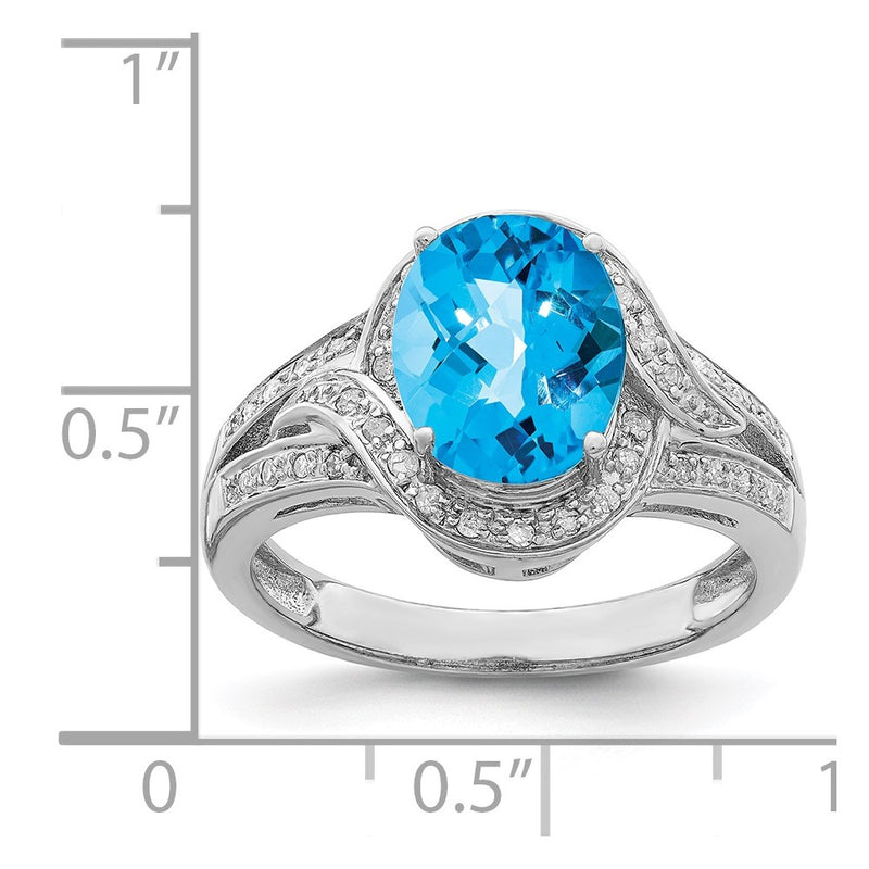 Sterling Silver Rhodium-plated Diamond & Checker-Cut Blue Topaz Ring