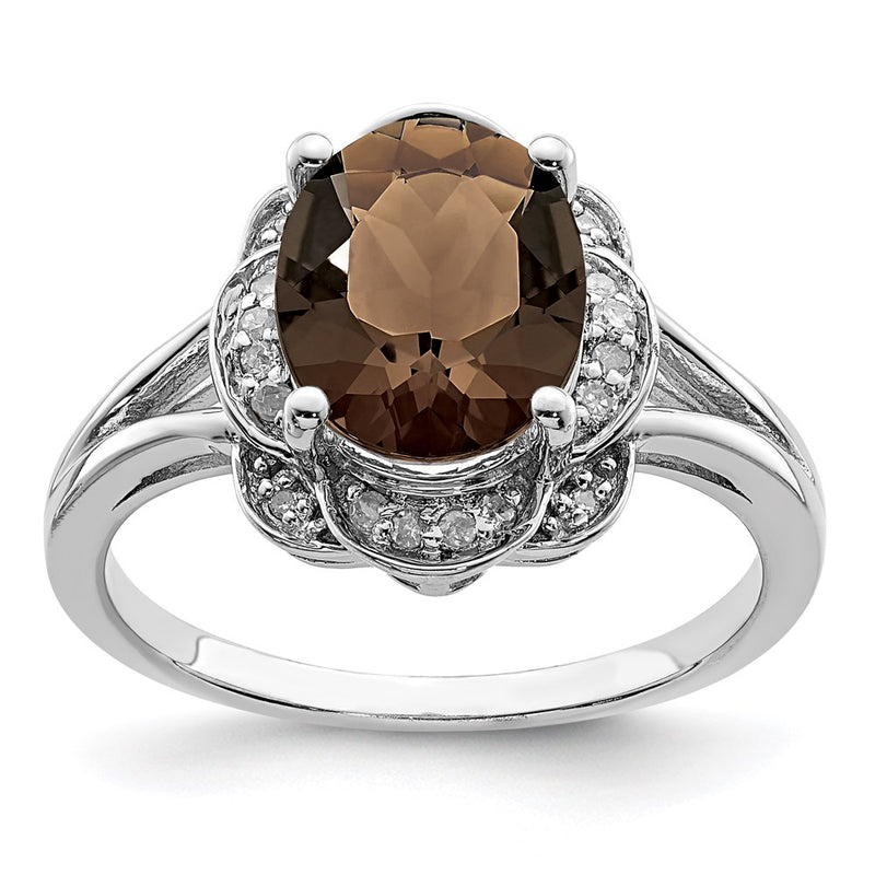 Sterling Silver Rhodium Diamond & Smoky Quartz Ring