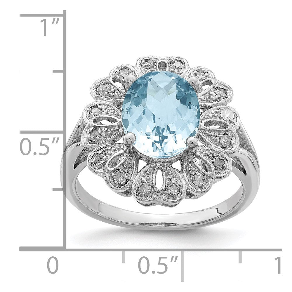 Sterling Silver Rhodium Diamond & Checker-Cut Sky Blue Topaz Ring